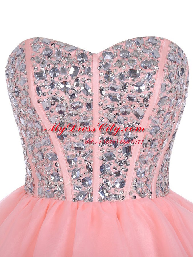 Exceptional Pink A-line Sweetheart Sleeveless Organza Mini Length Zipper Beading and Ruffled Layers Prom Dress