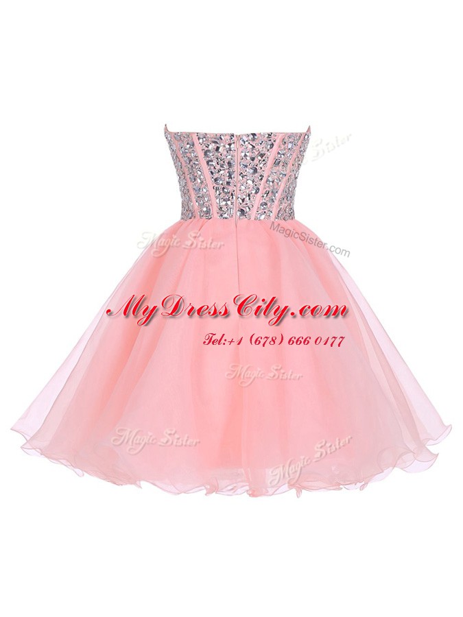 Exceptional Pink A-line Sweetheart Sleeveless Organza Mini Length Zipper Beading and Ruffled Layers Prom Dress