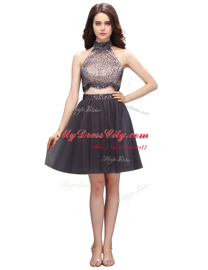 Black Zipper Homecoming Dress Beading Sleeveless Knee Length