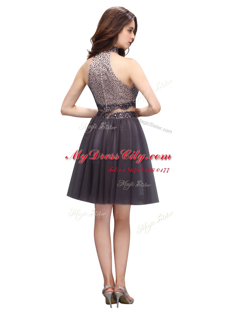 Black Zipper Homecoming Dress Beading Sleeveless Knee Length