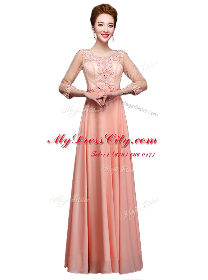 Perfect Scoop Peach 3 4 Length Sleeve Floor Length Beading Zipper