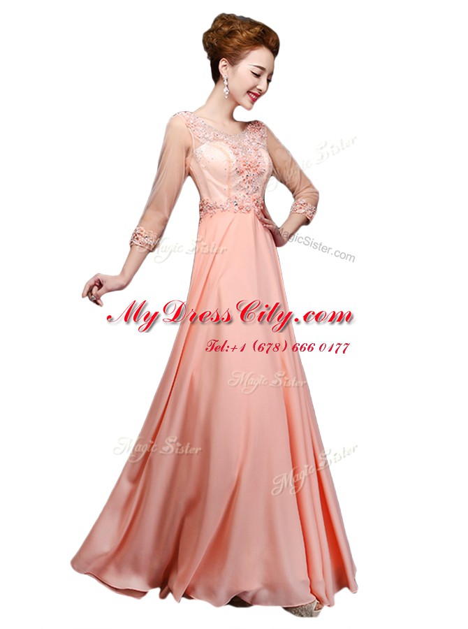 Perfect Scoop Peach 3 4 Length Sleeve Floor Length Beading Zipper