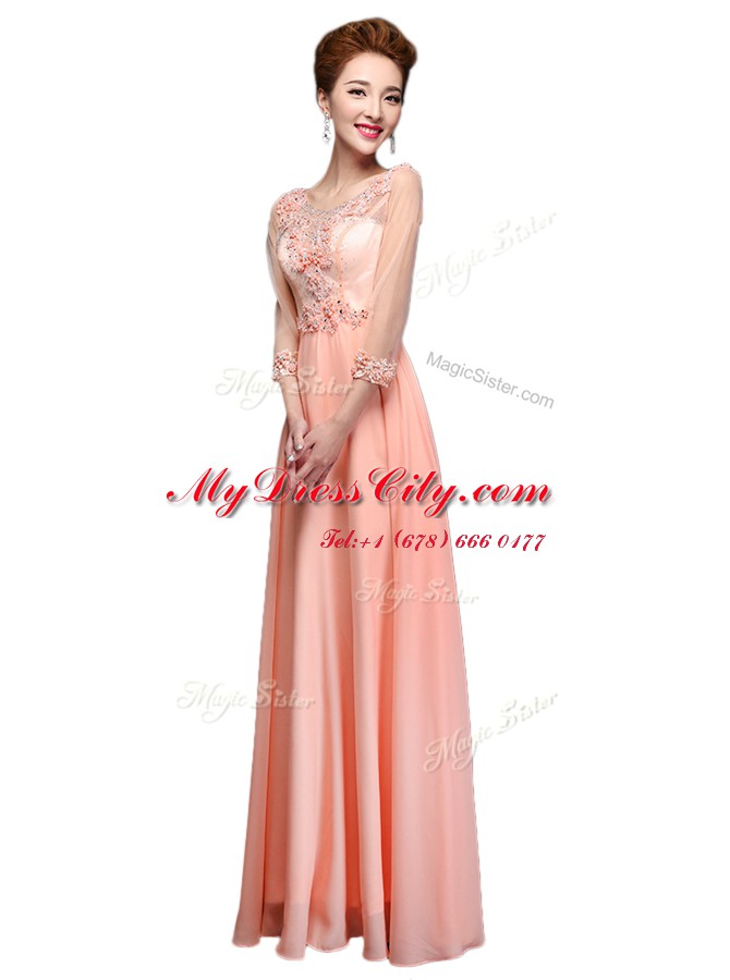 Perfect Scoop Peach 3 4 Length Sleeve Floor Length Beading Zipper