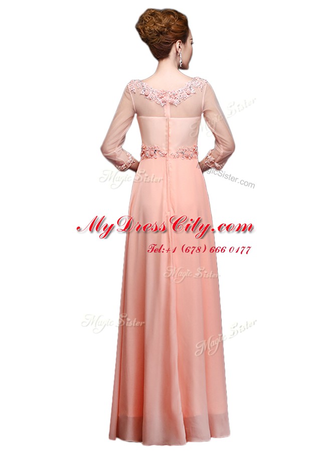 Perfect Scoop Peach 3 4 Length Sleeve Floor Length Beading Zipper