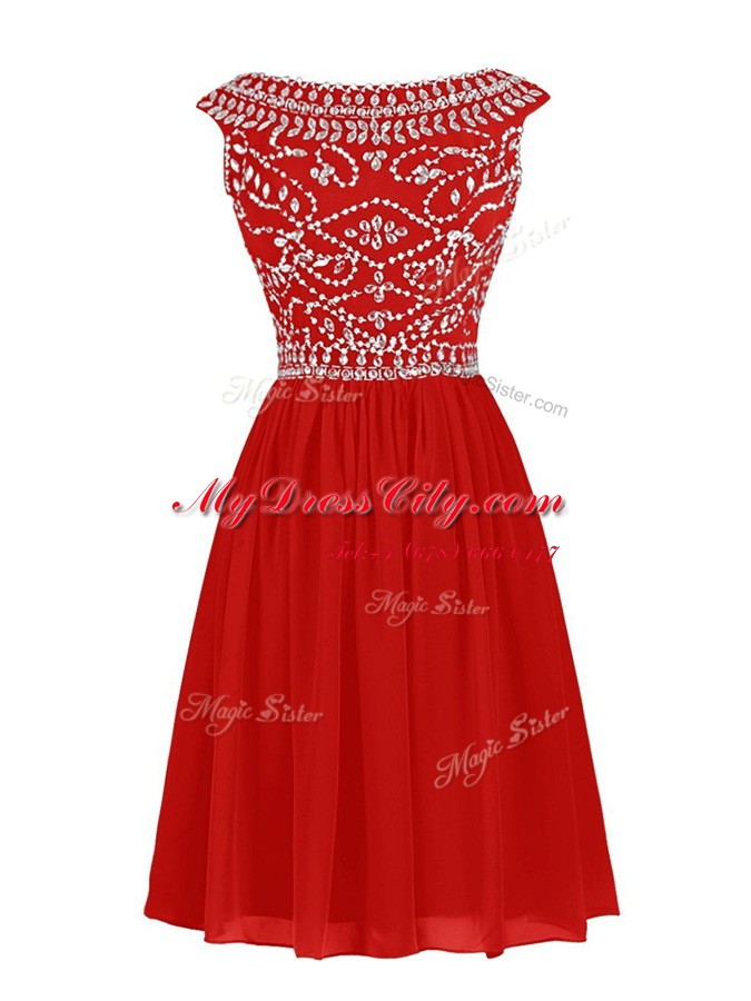 Gorgeous Red Bateau Neckline Beading Prom Evening Gown Cap Sleeves Zipper