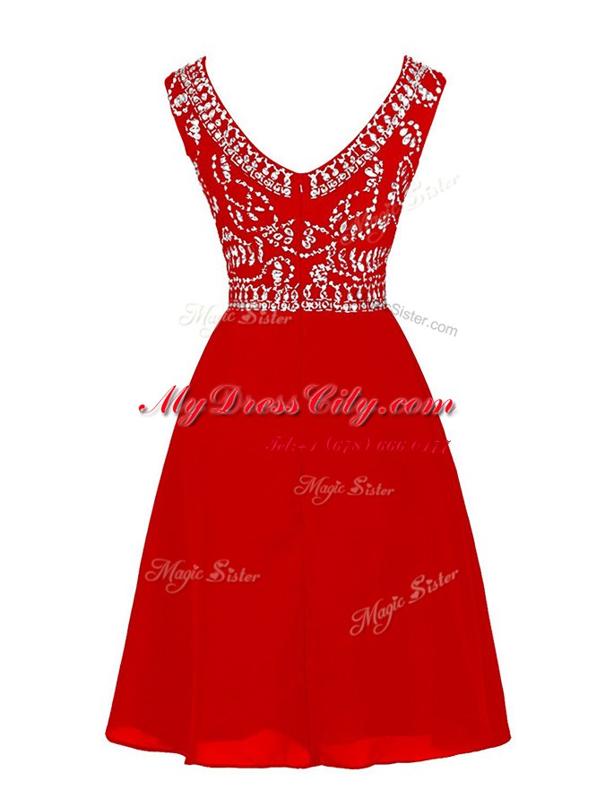 Gorgeous Red Bateau Neckline Beading Prom Evening Gown Cap Sleeves Zipper