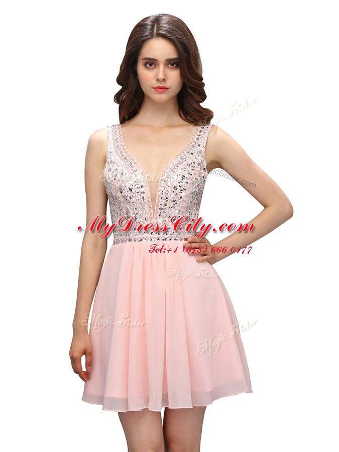 Baby Pink V-neck Zipper Beading Prom Evening Gown Sleeveless