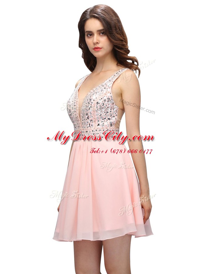 Baby Pink V-neck Zipper Beading Prom Evening Gown Sleeveless