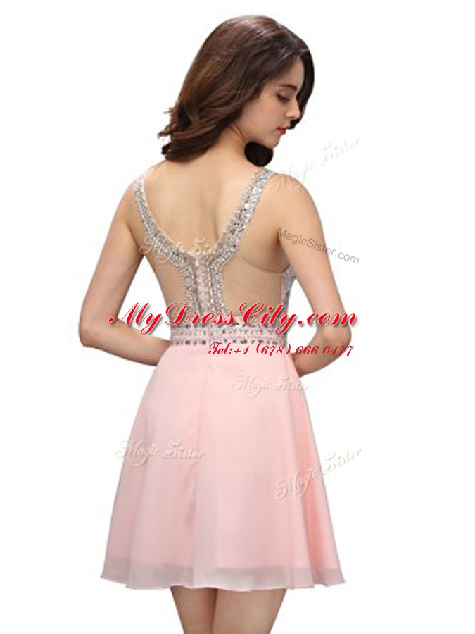 Baby Pink V-neck Zipper Beading Prom Evening Gown Sleeveless