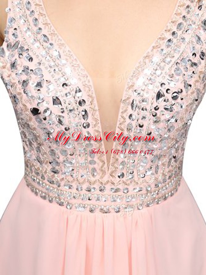 Baby Pink V-neck Zipper Beading Prom Evening Gown Sleeveless