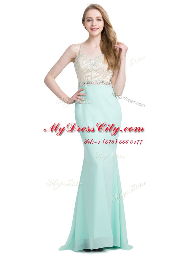 Popular Apple Green Criss Cross Spaghetti Straps Beading Prom Party Dress Chiffon Sleeveless Brush Train