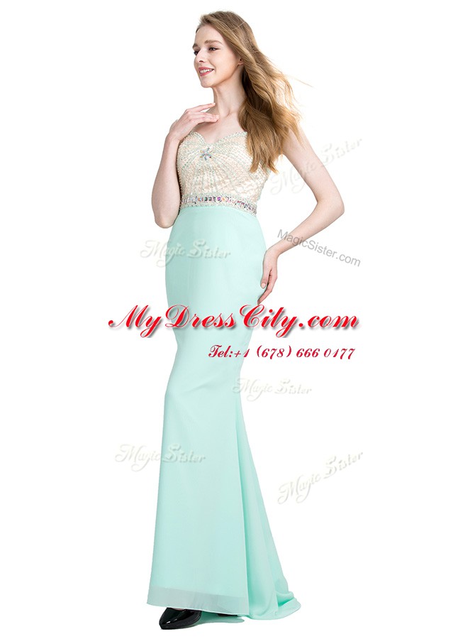 Popular Apple Green Criss Cross Spaghetti Straps Beading Prom Party Dress Chiffon Sleeveless Brush Train