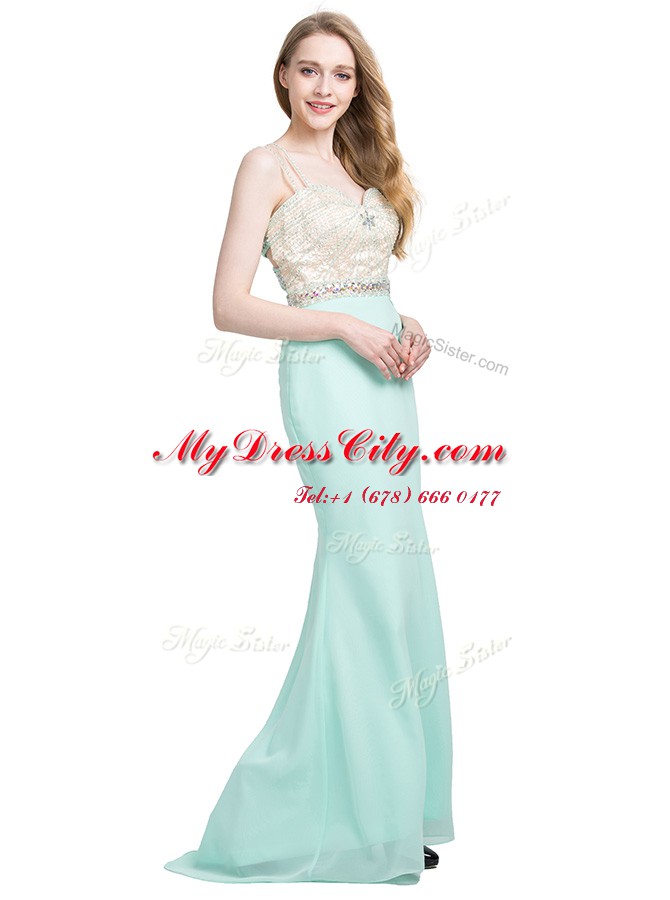 Popular Apple Green Criss Cross Spaghetti Straps Beading Prom Party Dress Chiffon Sleeveless Brush Train