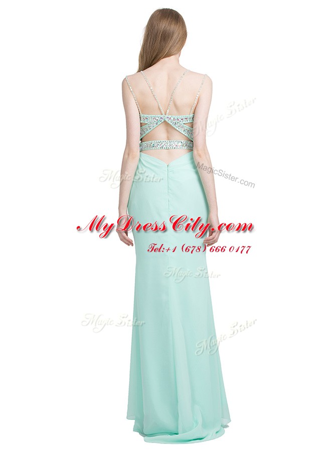 Popular Apple Green Criss Cross Spaghetti Straps Beading Prom Party Dress Chiffon Sleeveless Brush Train