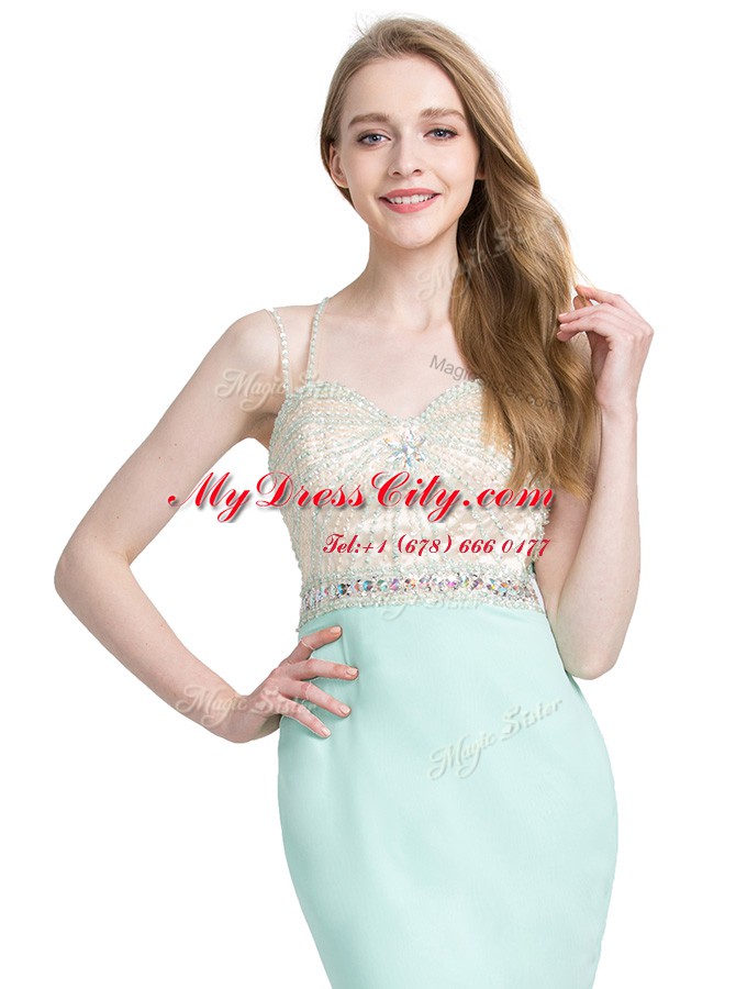 Popular Apple Green Criss Cross Spaghetti Straps Beading Prom Party Dress Chiffon Sleeveless Brush Train