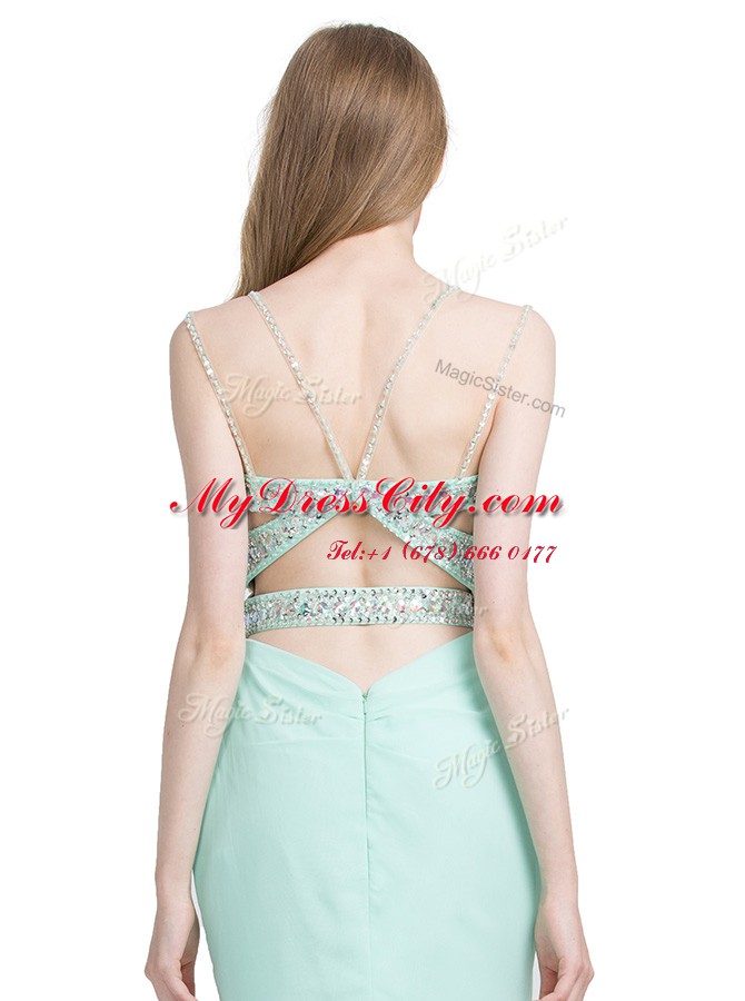 Popular Apple Green Criss Cross Spaghetti Straps Beading Prom Party Dress Chiffon Sleeveless Brush Train