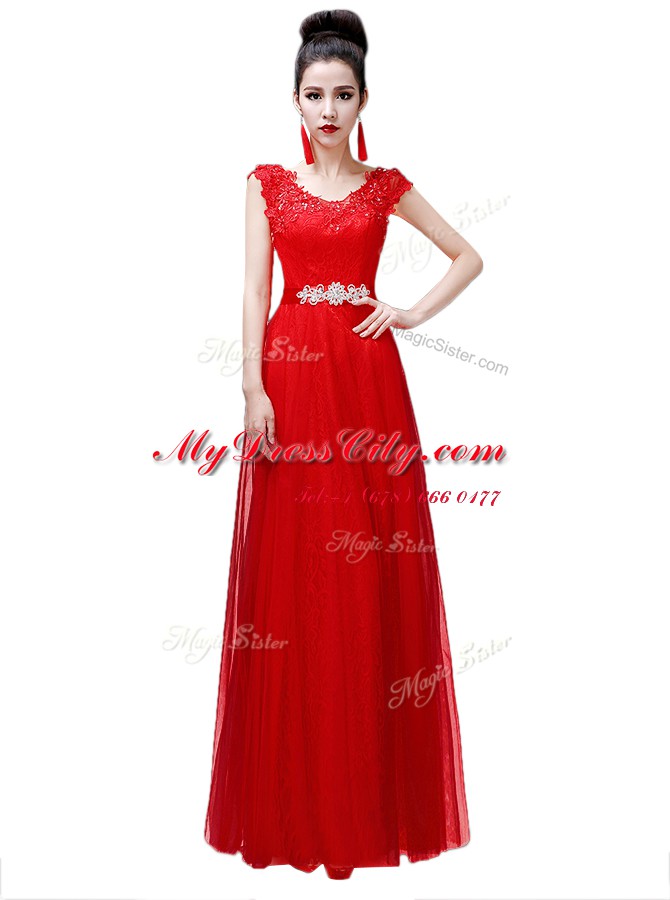 Custom Fit Coral Red Lace Up Scoop Beading Dress for Prom Chiffon Cap Sleeves