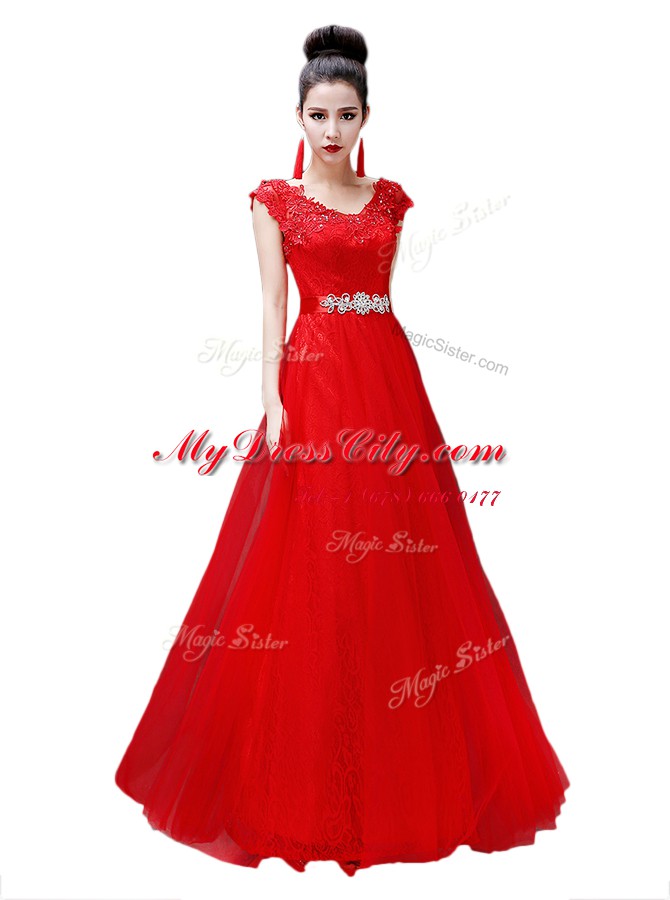 Custom Fit Coral Red Lace Up Scoop Beading Dress for Prom Chiffon Cap Sleeves