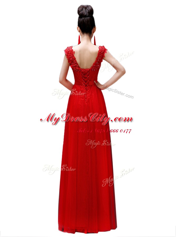 Custom Fit Coral Red Lace Up Scoop Beading Dress for Prom Chiffon Cap Sleeves