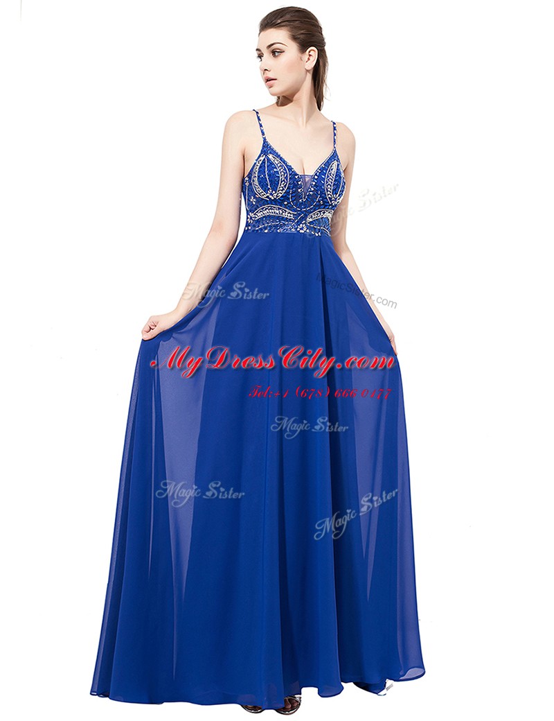 Elegant Royal Blue Sleeveless Sweep Train Beading With Train Prom Dress