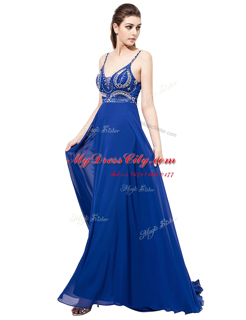 Elegant Royal Blue Sleeveless Sweep Train Beading With Train Prom Dress