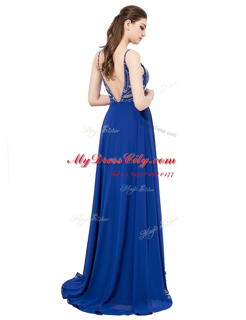 Elegant Royal Blue Sleeveless Sweep Train Beading With Train Prom Dress