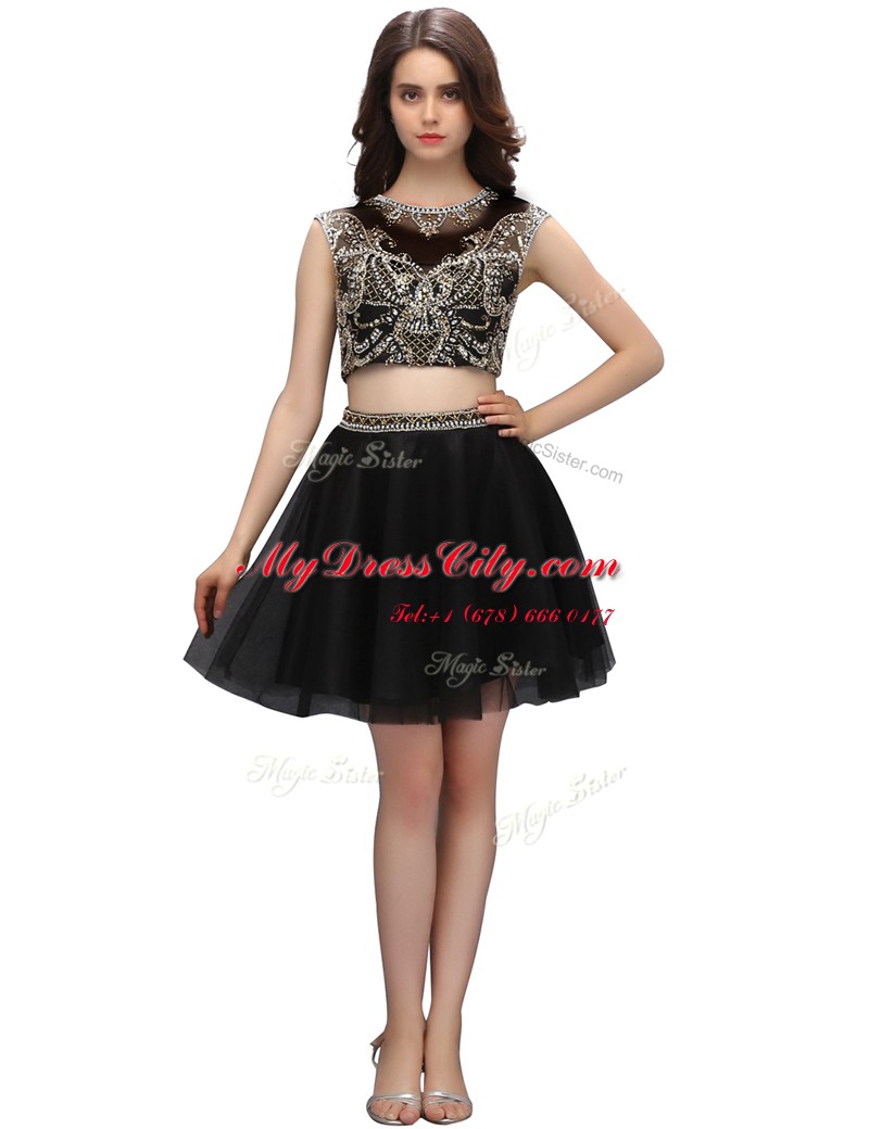 Black Sleeveless Knee Length Beading Backless