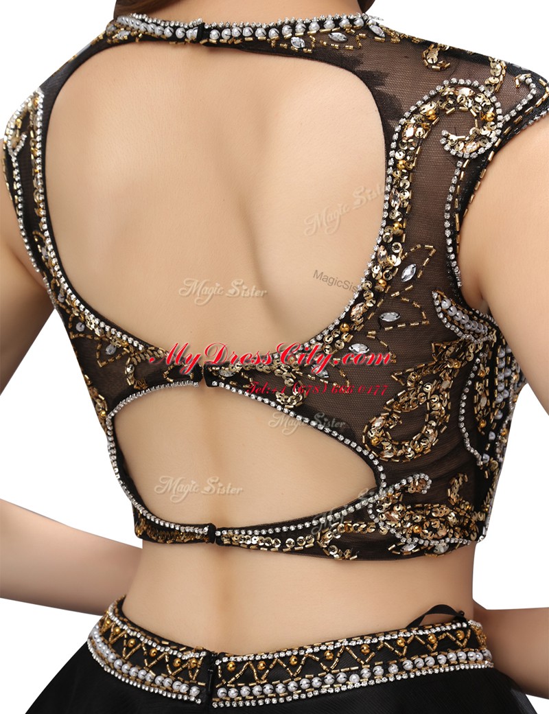 Black Sleeveless Knee Length Beading Backless