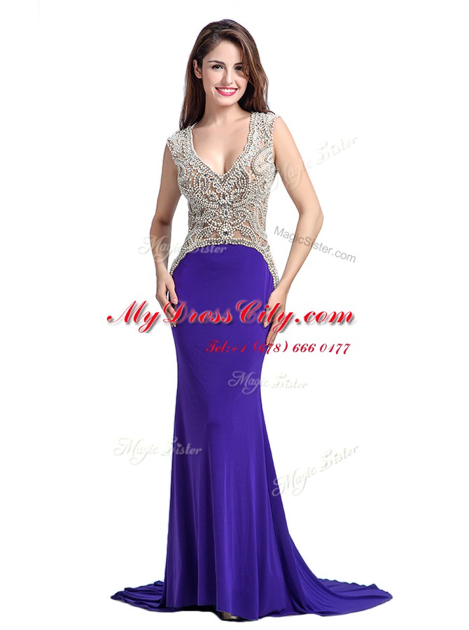 Deluxe Purple Column/Sheath Elastic Woven Satin V-neck Sleeveless Beading With Train Backless Evening Dress Brush Train