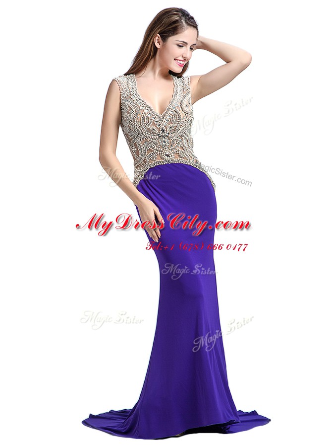 Deluxe Purple Column/Sheath Elastic Woven Satin V-neck Sleeveless Beading With Train Backless Evening Dress Brush Train