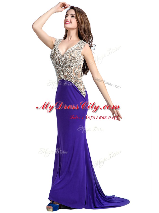 Deluxe Purple Column/Sheath Elastic Woven Satin V-neck Sleeveless Beading With Train Backless Evening Dress Brush Train