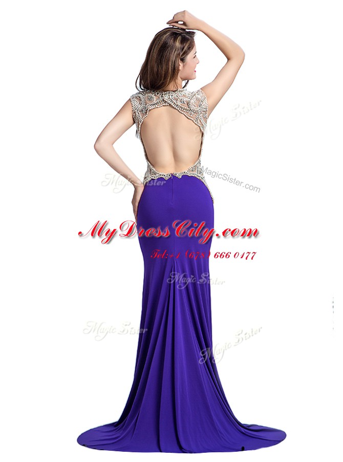 Deluxe Purple Column/Sheath Elastic Woven Satin V-neck Sleeveless Beading With Train Backless Evening Dress Brush Train