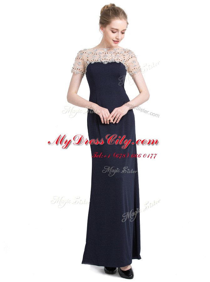 Black Short Sleeves Beading Floor Length Prom Party Dress