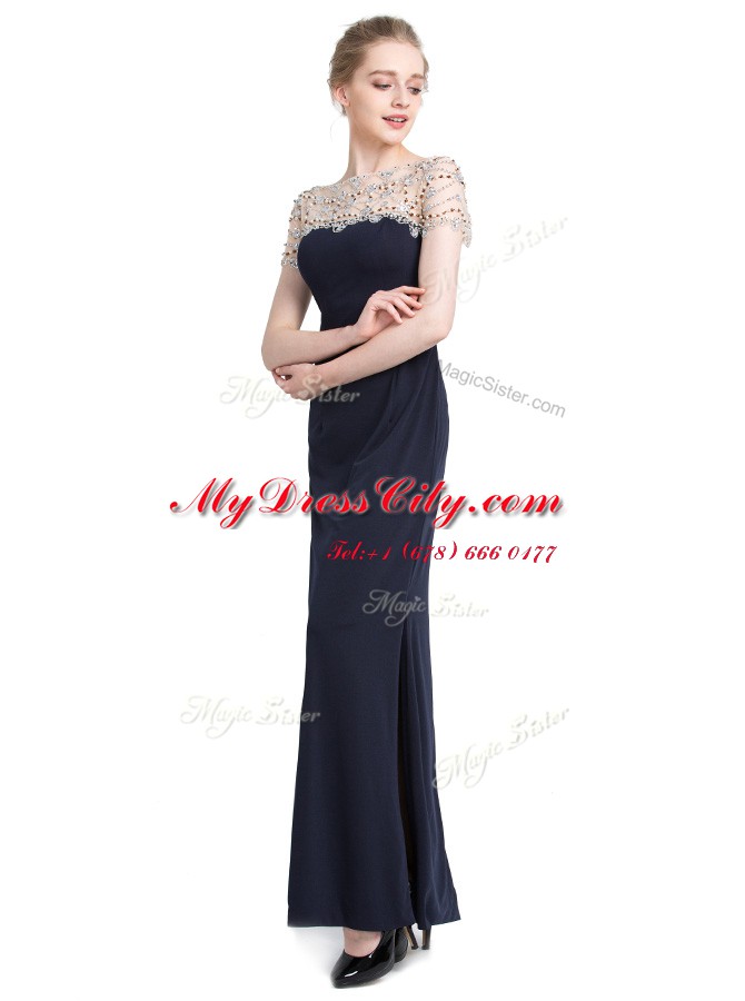 Black Short Sleeves Beading Floor Length Prom Party Dress