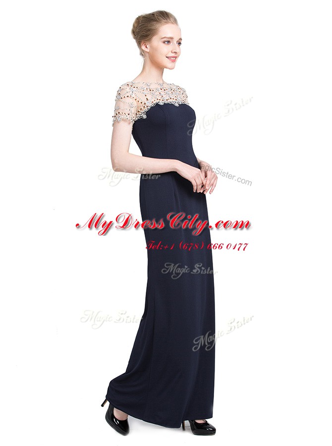 Black Short Sleeves Beading Floor Length Prom Party Dress