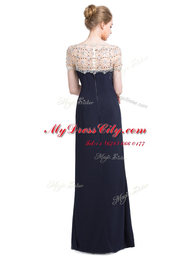 Black Short Sleeves Beading Floor Length Prom Party Dress