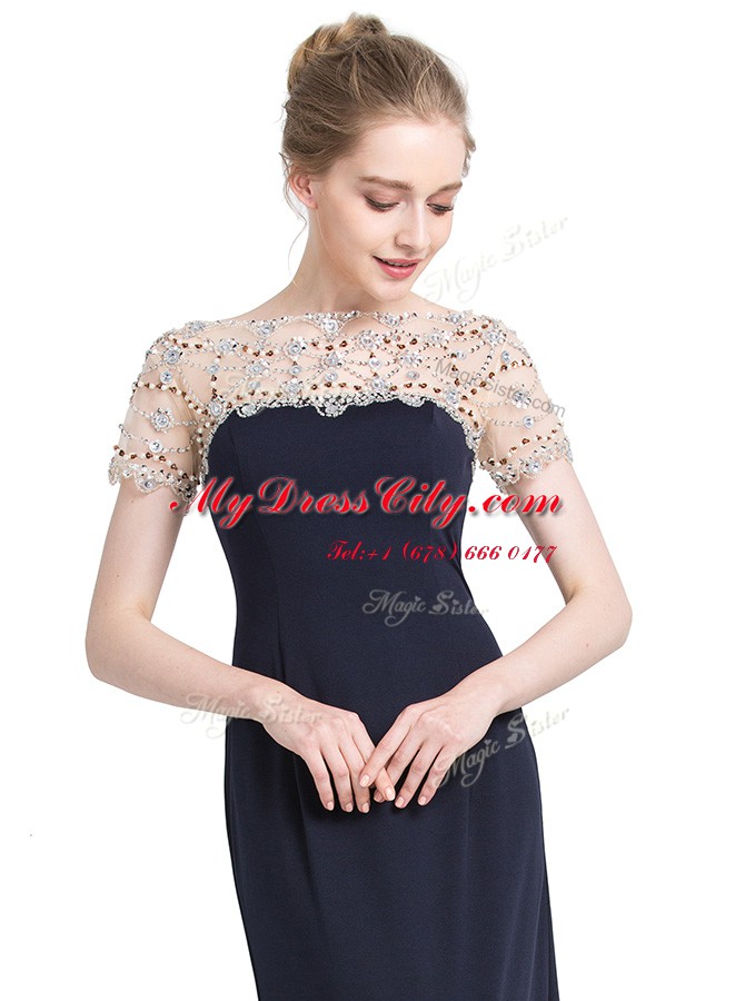 Black Short Sleeves Beading Floor Length Prom Party Dress