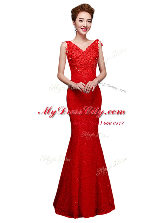 Eye-catching Red Column/Sheath V-neck Sleeveless Lace Floor Length Lace Up Lace Homecoming Dress