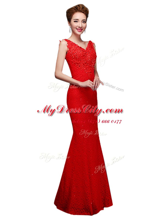 Eye-catching Red Column/Sheath V-neck Sleeveless Lace Floor Length Lace Up Lace Homecoming Dress