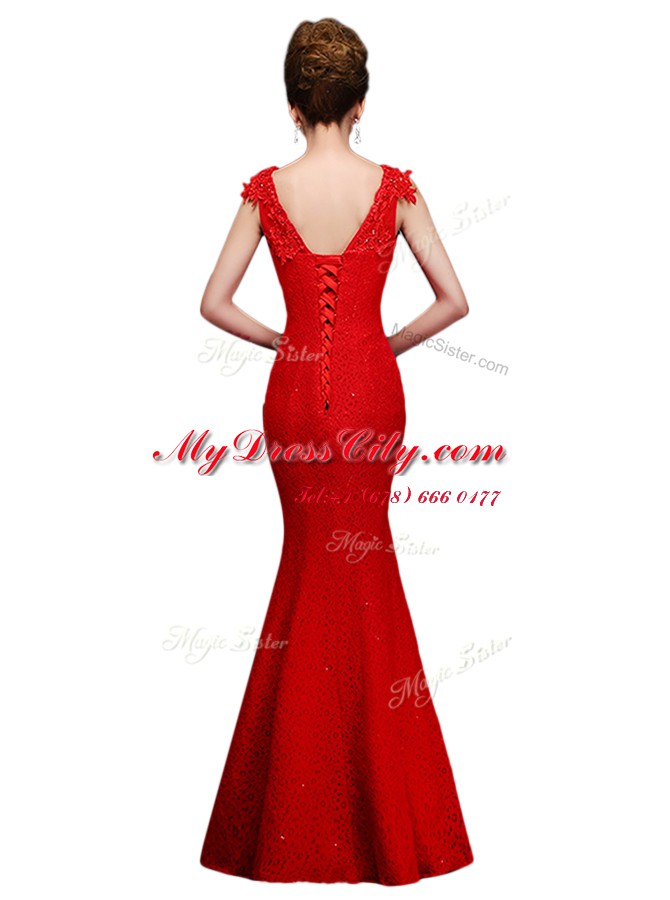 Eye-catching Red Column/Sheath V-neck Sleeveless Lace Floor Length Lace Up Lace Homecoming Dress