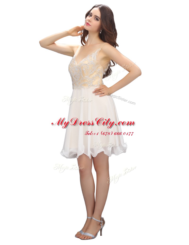 White Backless Evening Dress Beading Sleeveless Mini Length