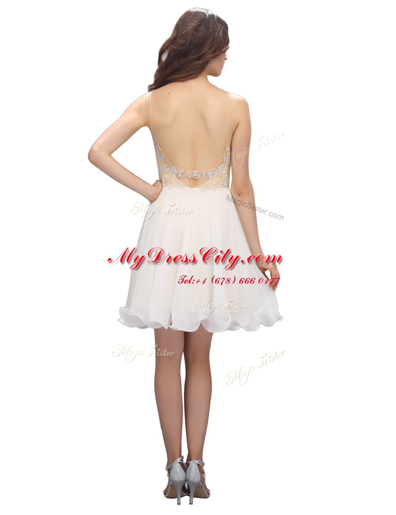 White Backless Evening Dress Beading Sleeveless Mini Length