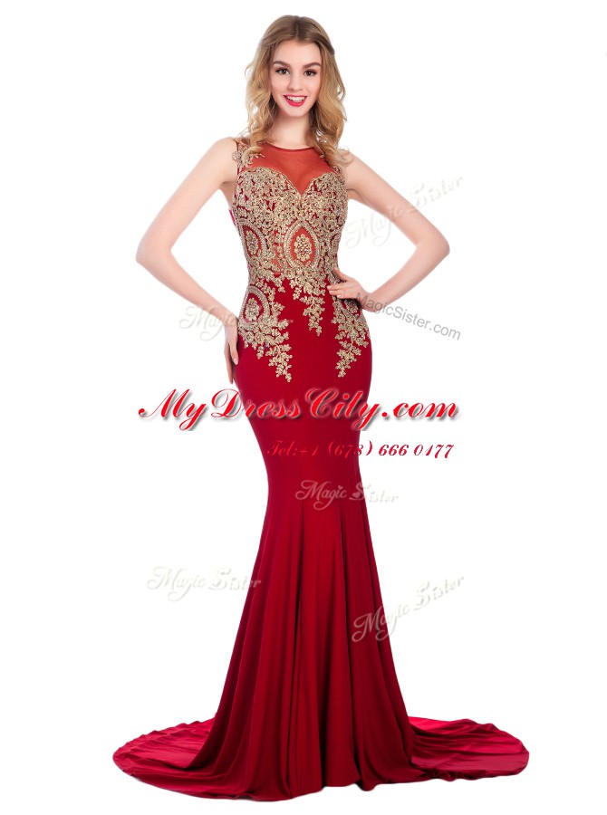 Cute Scoop Wine Red Sleeveless Brush Train Lace and Appliques With Train