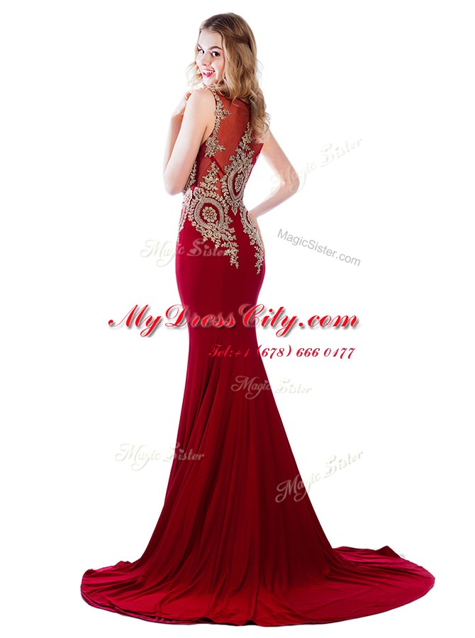 Cute Scoop Wine Red Sleeveless Brush Train Lace and Appliques With Train