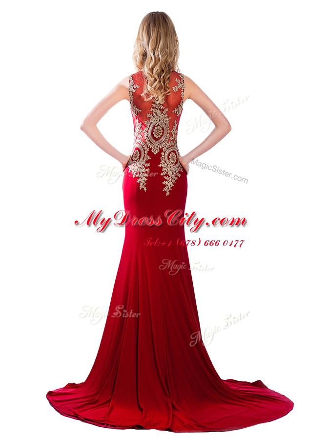 Cute Scoop Wine Red Sleeveless Brush Train Lace and Appliques With Train