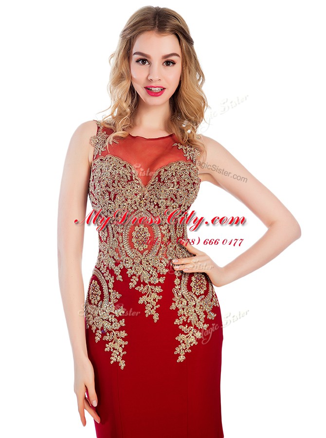 Cute Scoop Wine Red Sleeveless Brush Train Lace and Appliques With Train