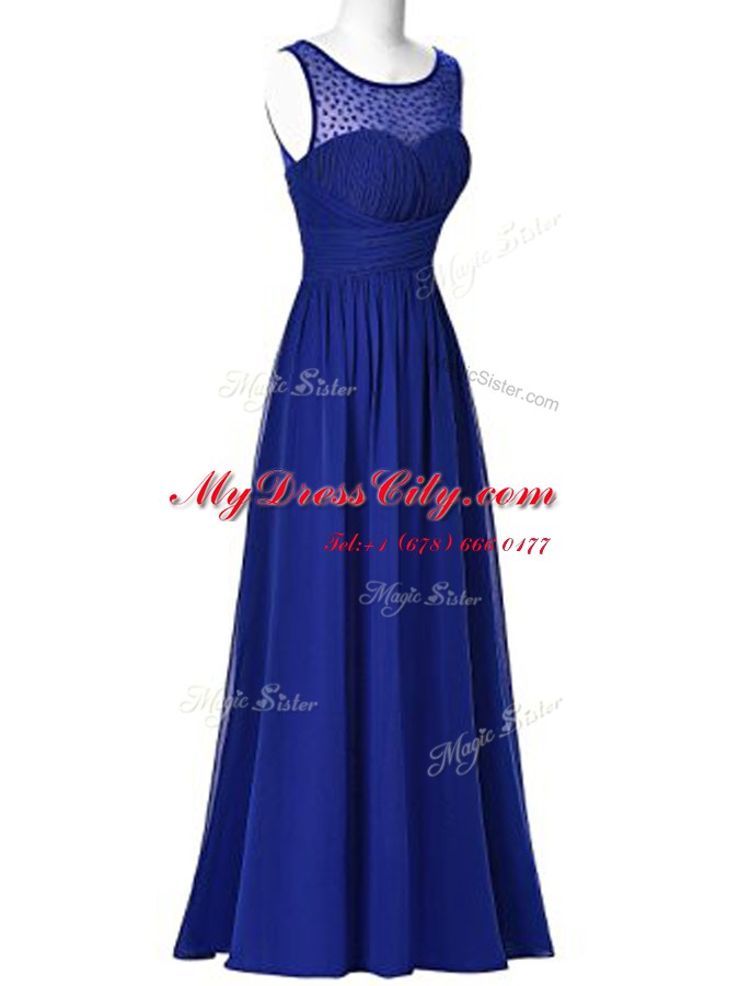 Noble Floor Length Royal Blue Prom Evening Gown Scoop Sleeveless Zipper