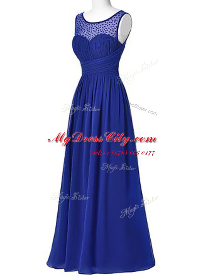 Noble Floor Length Royal Blue Prom Evening Gown Scoop Sleeveless Zipper