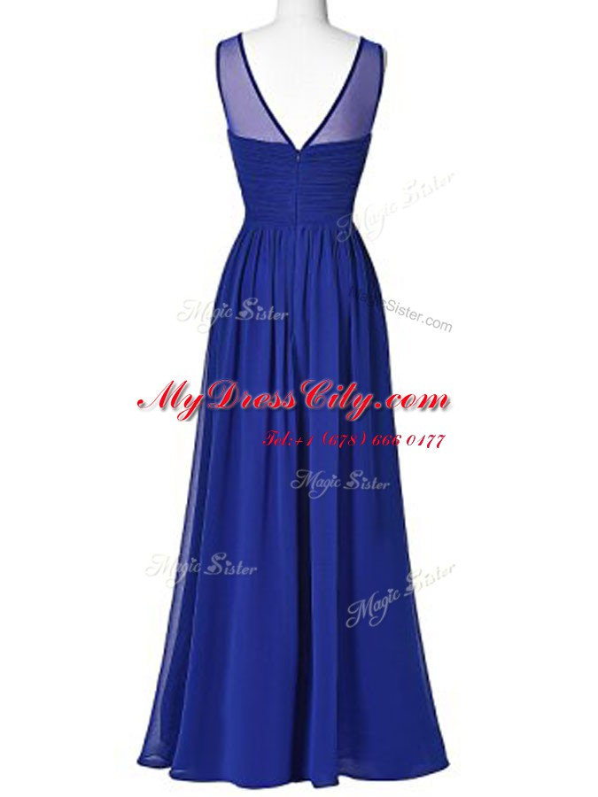 Noble Floor Length Royal Blue Prom Evening Gown Scoop Sleeveless Zipper