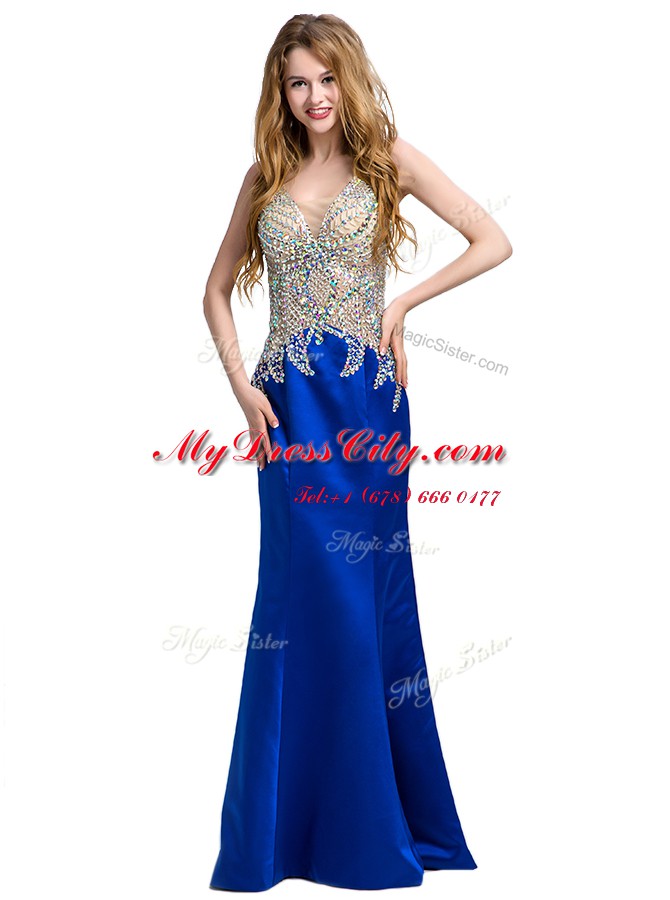 Fashion Floor Length Royal Blue V-neck Sleeveless Backless